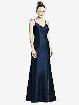 Rear View Thumbnail - Midnight Navy Open-Back Bow Tie Satin Trumpet Gown
