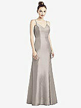 Rear View Thumbnail - Taupe Open-Back Bow Tie Satin Trumpet Gown