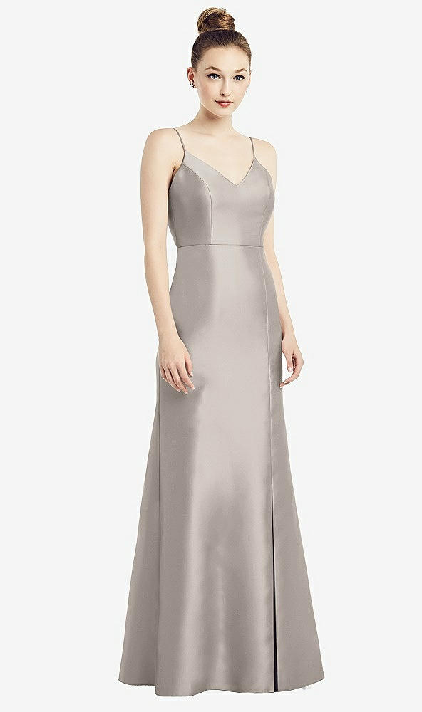 Back View - Taupe Open-Back Bow Tie Satin Trumpet Gown