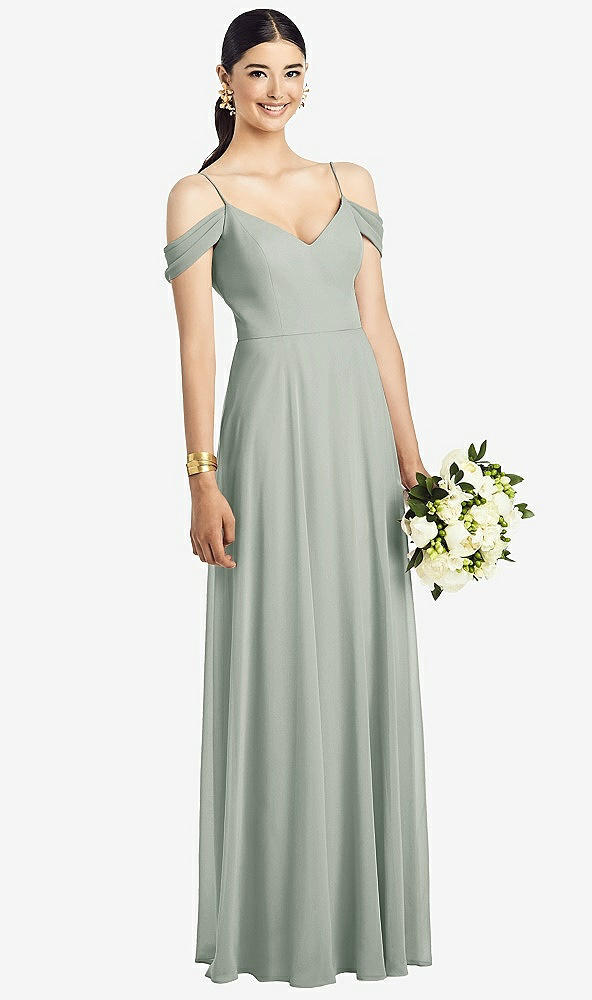 Front View - Willow Green Cold-Shoulder V-Back Chiffon Maxi Dress