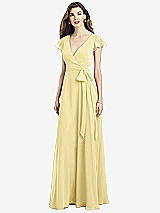 Front View Thumbnail - Pale Yellow Flutter Sleeve Faux Wrap Chiffon Dress