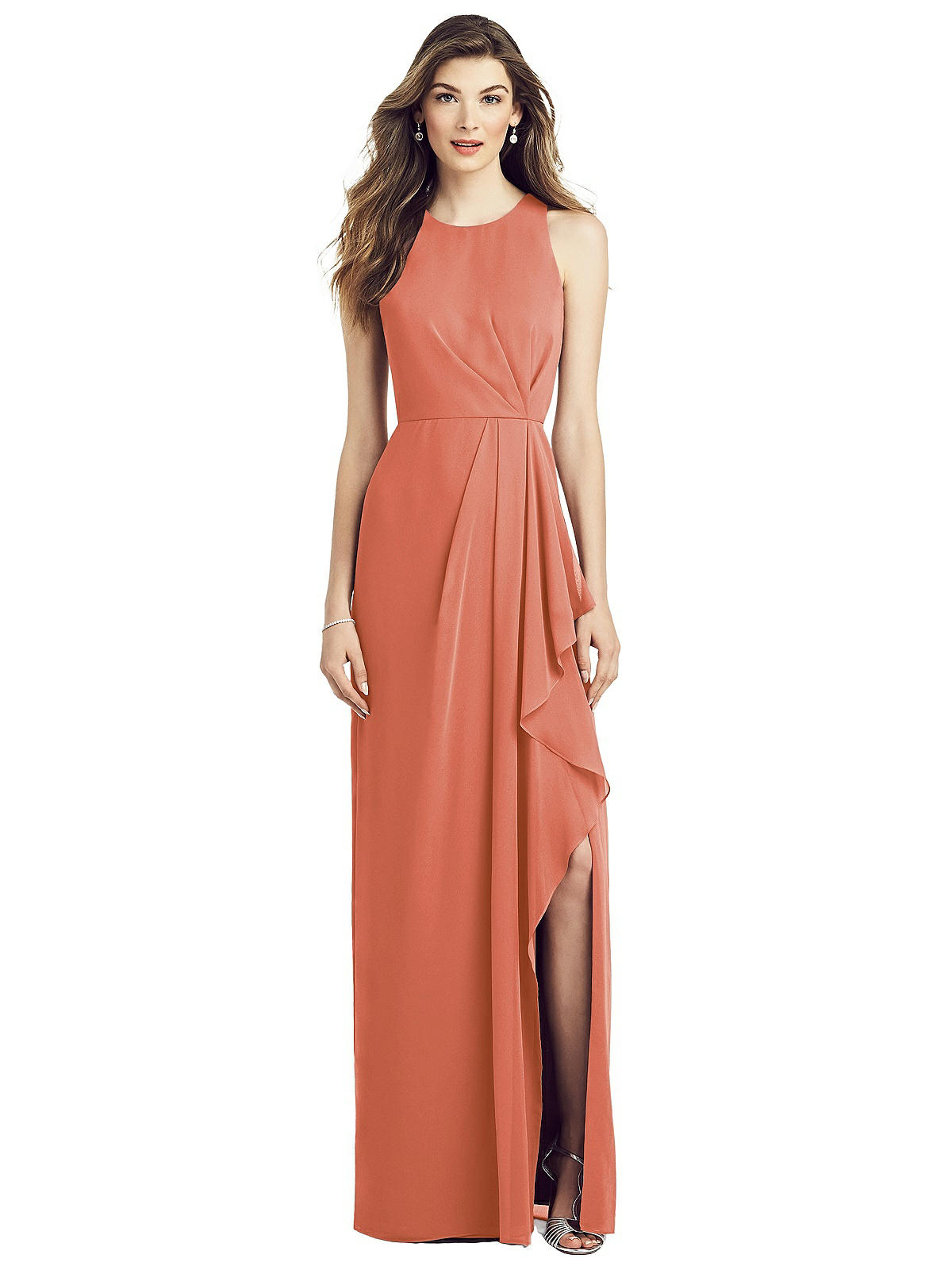 Dessy Collection Sleeveless Draped Chiffon Maxi Dress Front Slit Floral -  Dresses