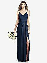 Front View Thumbnail - Midnight Navy Spaghetti Strap Draped Skirt Gown with Front Slit