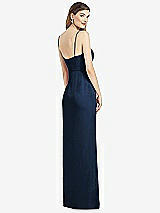 Rear View Thumbnail - Midnight Navy Spaghetti Strap Draped Skirt Gown with Front Slit
