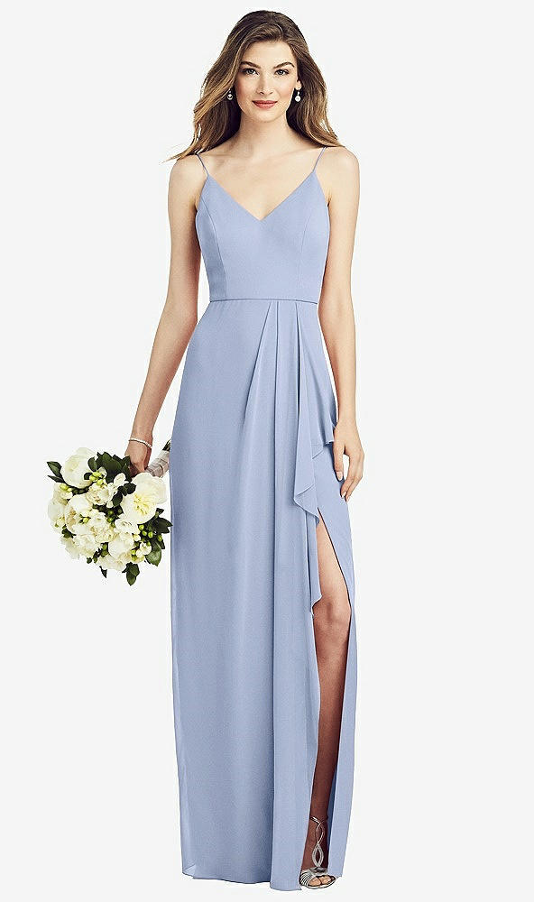 Front View - Sky Blue Spaghetti Strap Draped Skirt Gown with Front Slit