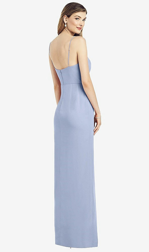 Back View - Sky Blue Spaghetti Strap Draped Skirt Gown with Front Slit