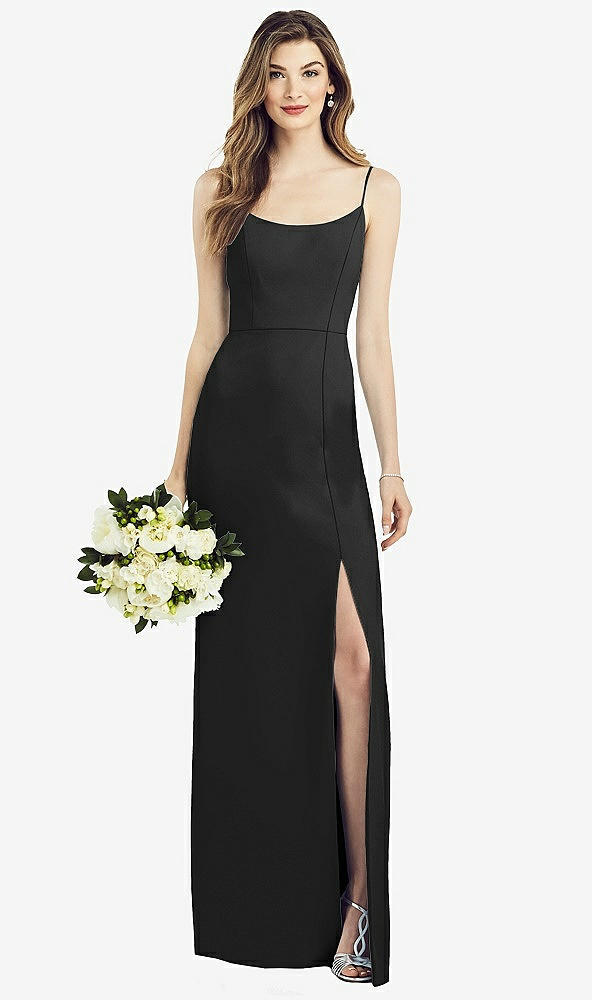 Front View - Black Spaghetti Strap V-Back Crepe Gown with Front Slit