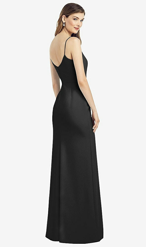 Back View - Black Spaghetti Strap V-Back Crepe Gown with Front Slit