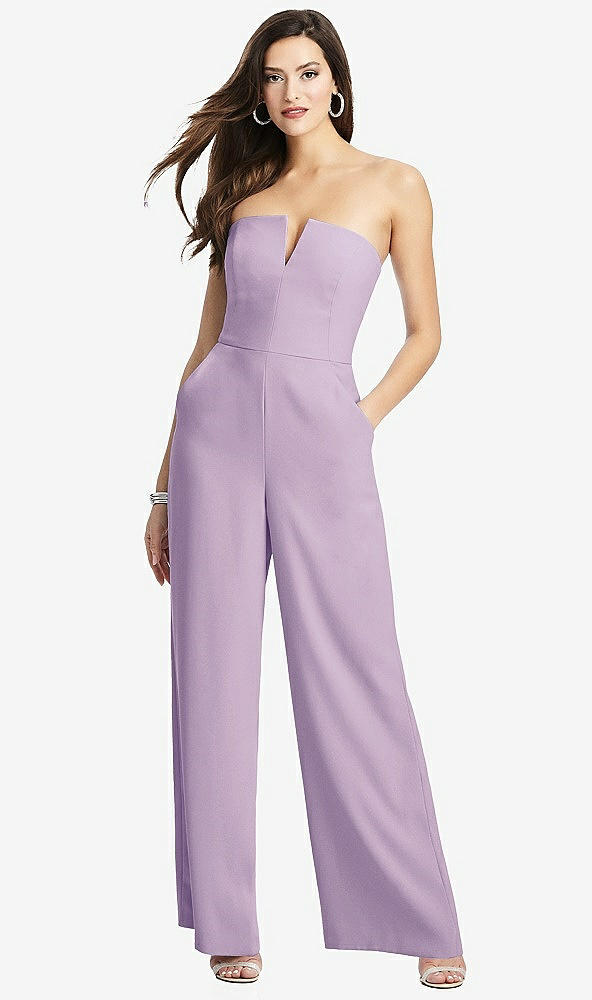Front View - Pale Purple Strapless Notch Crepe Jumpsuit with Pockets