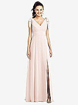 Front View Thumbnail - Blush Bow-Shoulder V-Back Chiffon Gown with Front Slit