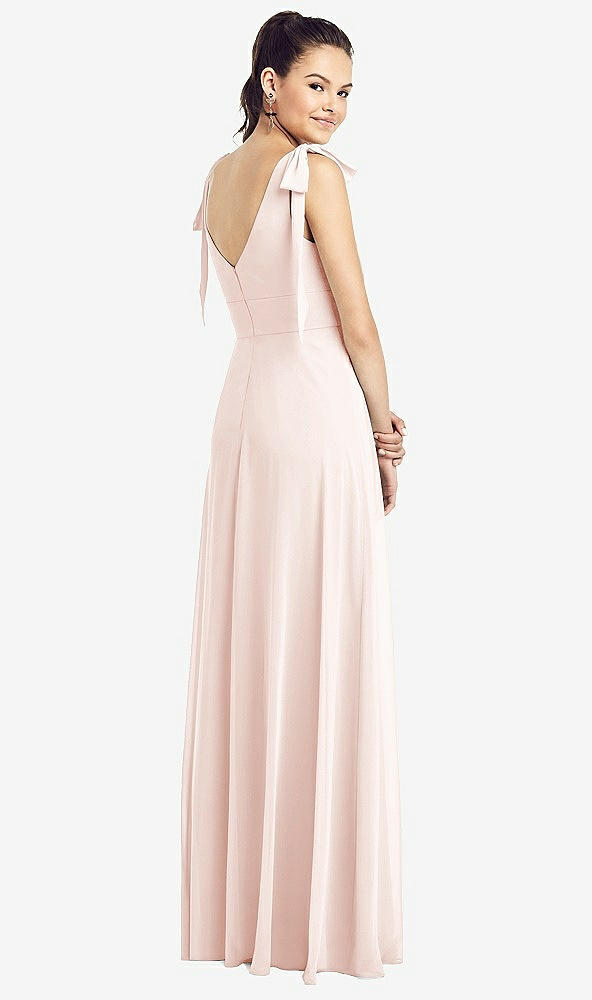 Back View - Blush Bow-Shoulder V-Back Chiffon Gown with Front Slit