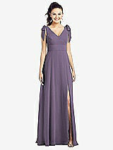 Front View Thumbnail - Lavender Bow-Shoulder V-Back Chiffon Gown with Front Slit