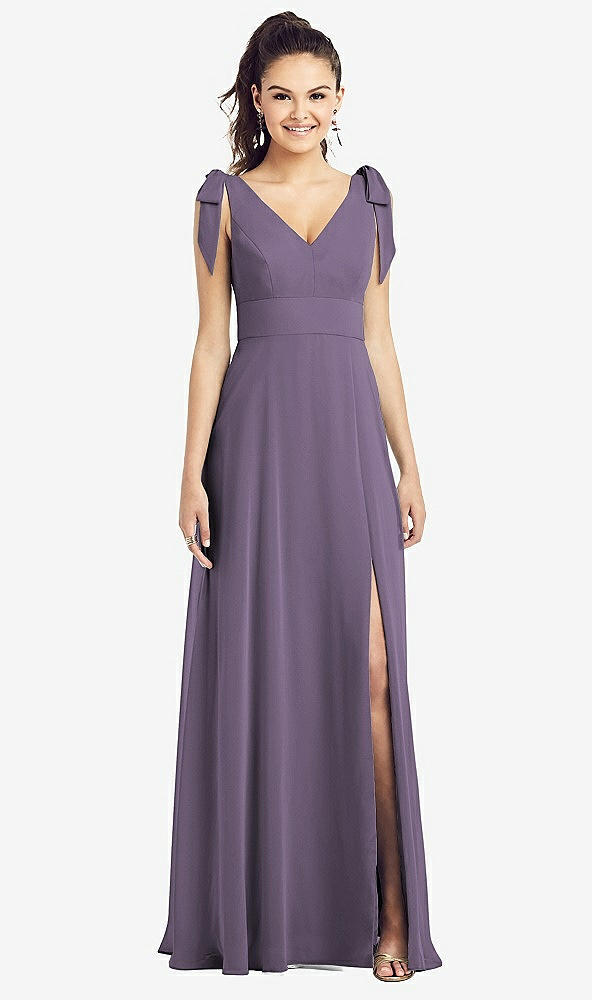 Front View - Lavender Bow-Shoulder V-Back Chiffon Gown with Front Slit