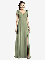 Front View Thumbnail - Sage Bow-Shoulder V-Back Chiffon Gown with Front Slit