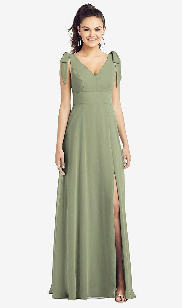 Front View - Sage Bow-Shoulder V-Back Chiffon Gown with Front Slit