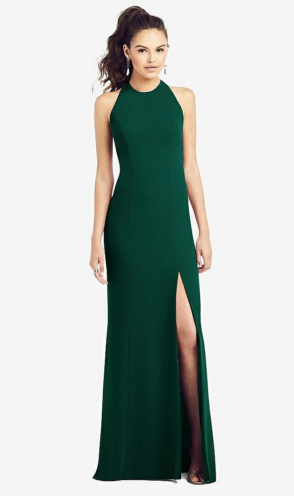 Front View - Hunter Green Open-Back Jewel Neck Trumpet Gown with Front Slit