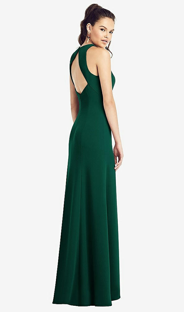 Back View - Hunter Green Open-Back Jewel Neck Trumpet Gown with Front Slit