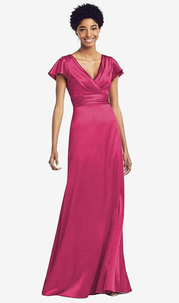 Front View - Shocking Flutter Sleeve Draped Wrap Stretch Maxi Dress