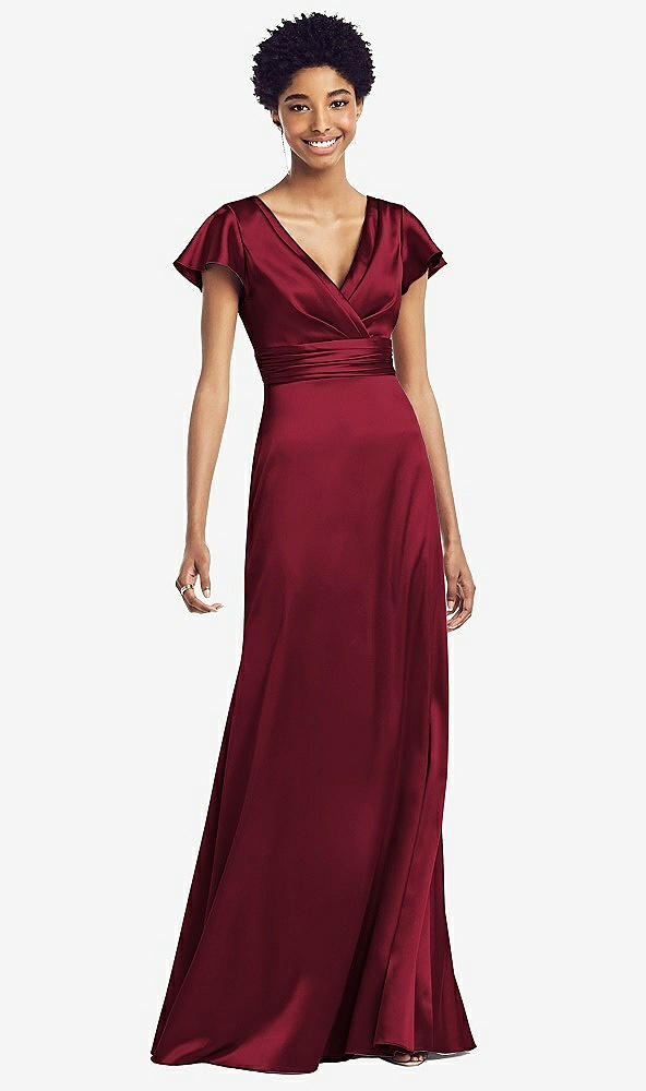 Front View - Burgundy Flutter Sleeve Draped Wrap Stretch Maxi Dress