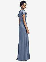 Rear View Thumbnail - Larkspur Blue Flutter Sleeve Draped Wrap Stretch Maxi Dress