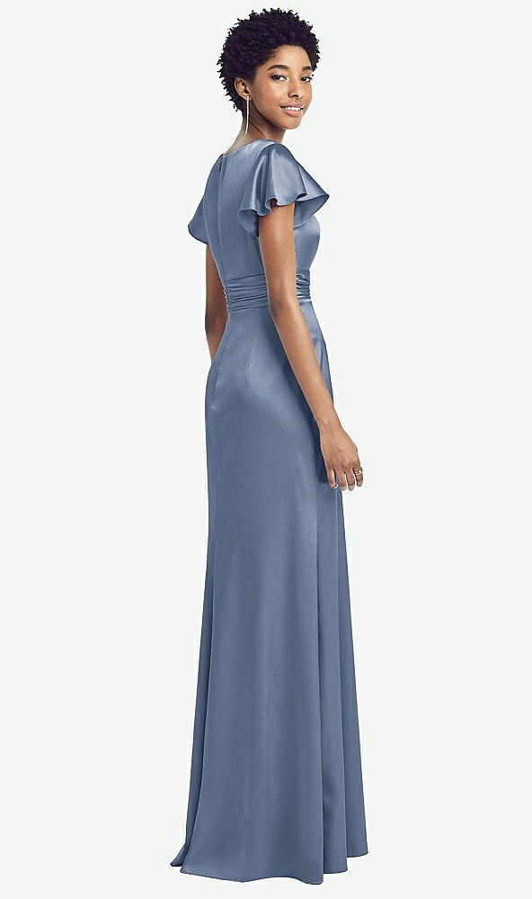 Back View - Larkspur Blue Flutter Sleeve Draped Wrap Stretch Maxi Dress