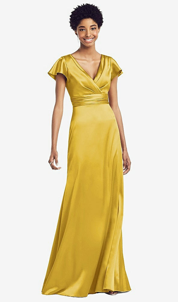 Front View - Marigold Flutter Sleeve Draped Wrap Stretch Maxi Dress