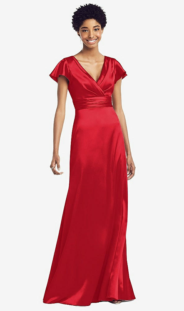 Front View - Parisian Red Flutter Sleeve Draped Wrap Stretch Maxi Dress
