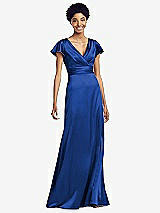 Front View Thumbnail - Sapphire Flutter Sleeve Draped Wrap Stretch Maxi Dress
