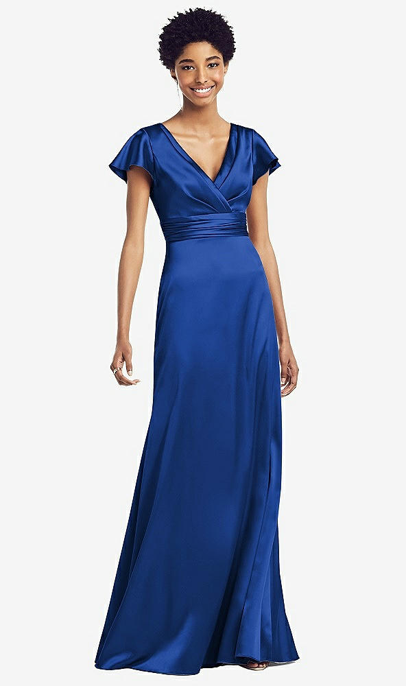 Front View - Sapphire Flutter Sleeve Draped Wrap Stretch Maxi Dress