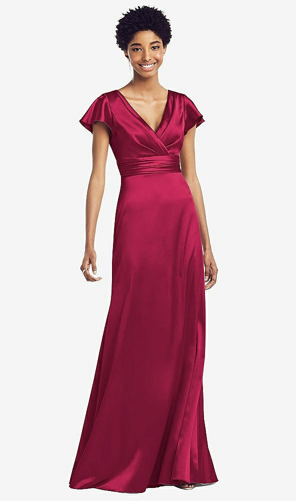 Front View - Valentine Flutter Sleeve Draped Wrap Stretch Maxi Dress
