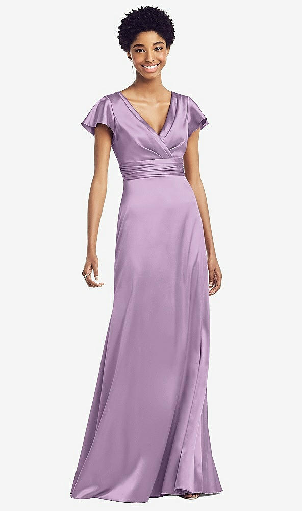 Front View - Wood Violet Flutter Sleeve Draped Wrap Stretch Maxi Dress
