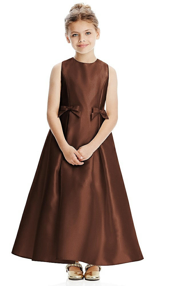 Front View - Cognac Princess Line Satin Twill Flower Girl Dress with Bows