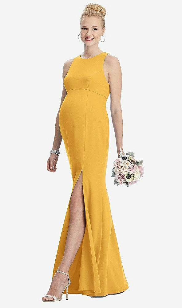 Front View - NYC Yellow Sleeveless Halter Maternity Dress with Front Slit
