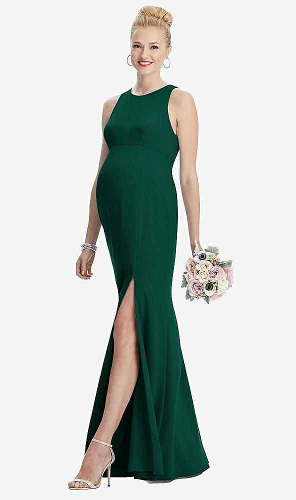 Front View - Hunter Green Sleeveless Halter Maternity Dress with Front Slit