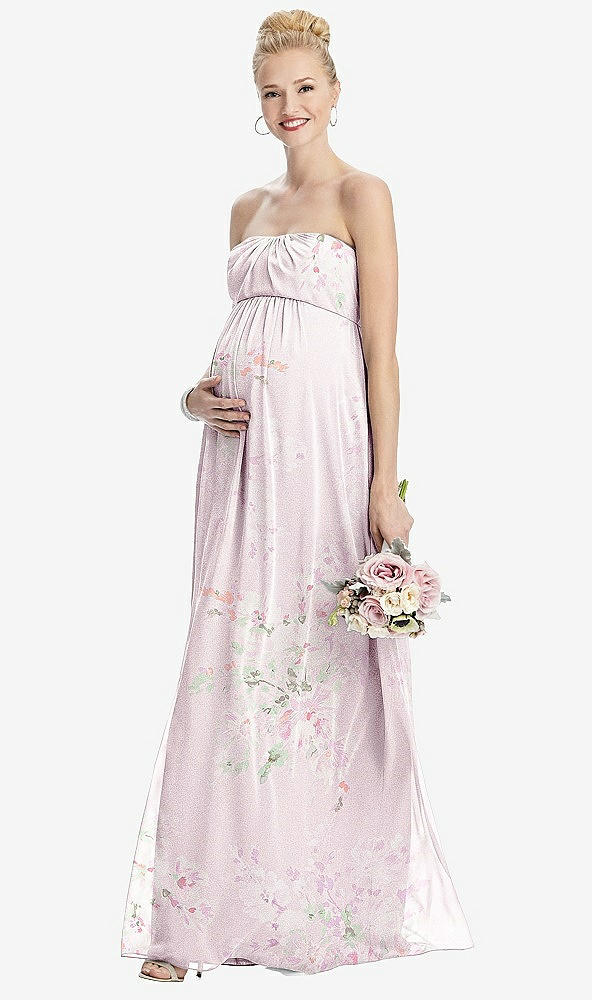 Front View - Watercolor Print Strapless Chiffon Shirred Skirt Maternity Dress