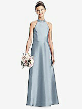 Front View Thumbnail - Mist Halter Open-back Satin Junior Bridesmaid Dress with Pockets