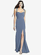 Front View Thumbnail - Larkspur Blue Bustier Crepe Gown with Adjustable Bow Straps