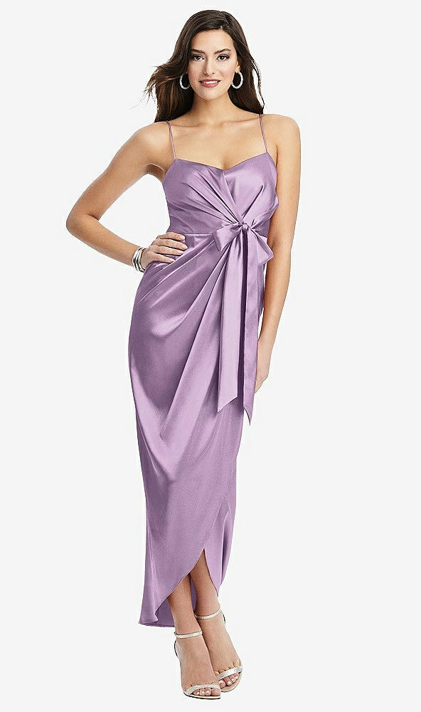 Front View - Wood Violet Faux Wrap Midi Dress with Draped Tulip Skirt