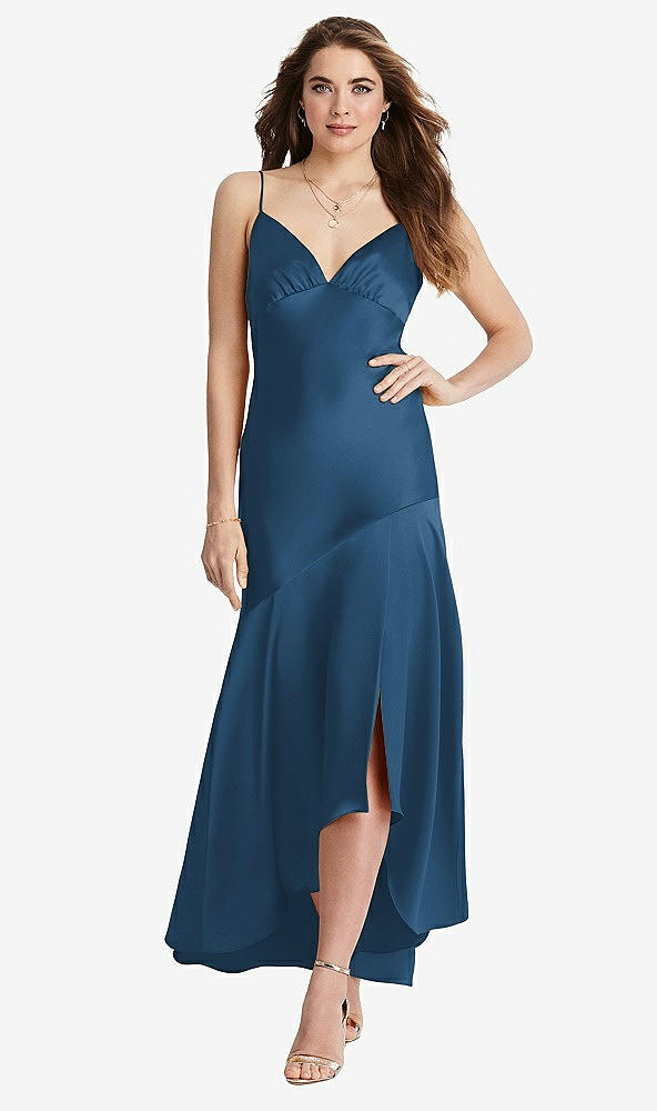 Front View - Dusk Blue Asymmetrical Drop Waist High-Low Slip Dress - Devon