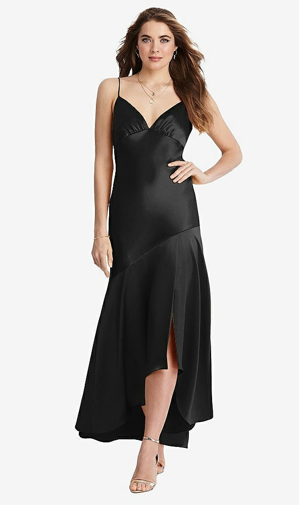 Front View - Black Asymmetrical Drop Waist High-Low Slip Dress - Devon