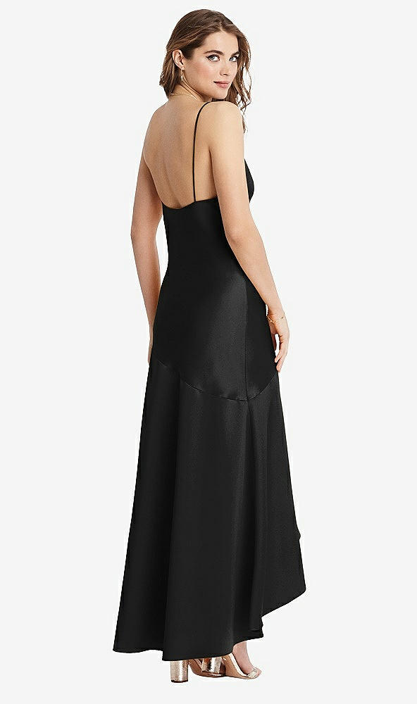 Back View - Black Asymmetrical Drop Waist High-Low Slip Dress - Devon