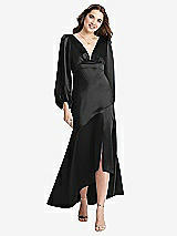 Front View Thumbnail - Black Puff Sleeve Asymmetrical Drop Waist High-Low Slip Dress - Teagan