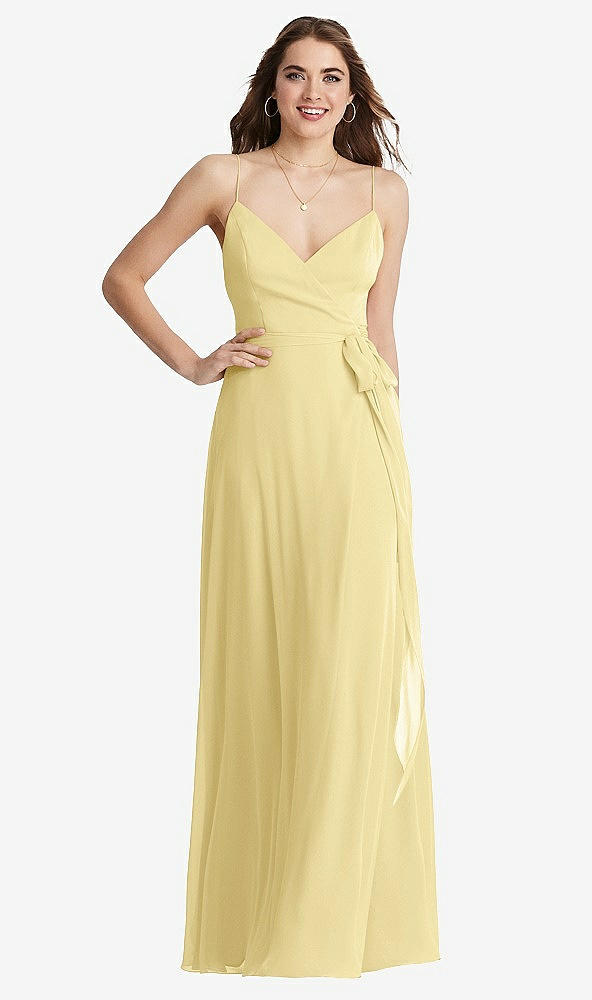 Front View - Pale Yellow Chiffon Maxi Wrap Dress with Sash - Cora
