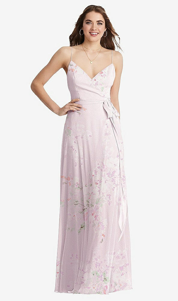 Front View - Watercolor Print Chiffon Maxi Wrap Dress with Sash - Cora