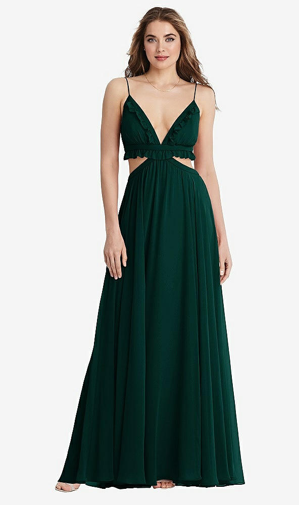Front View - Evergreen Ruffled Chiffon Cutout Maxi Dress - Jessie