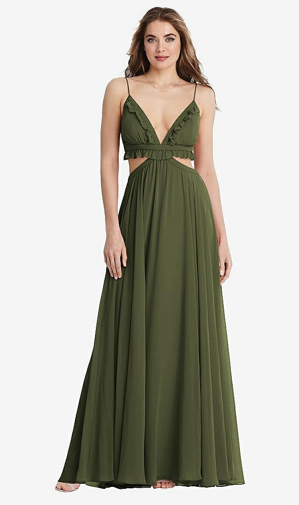 Front View - Olive Green Ruffled Chiffon Cutout Maxi Dress - Jessie