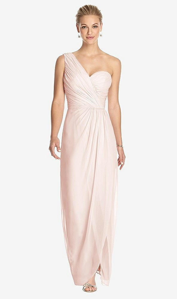 Front View - Blush One-Shoulder Draped Maxi Dress with Front Slit - Aeryn