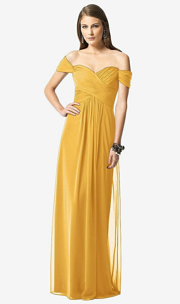 Front View - NYC Yellow Off-the-Shoulder Ruched Chiffon Maxi Dress - Alessia