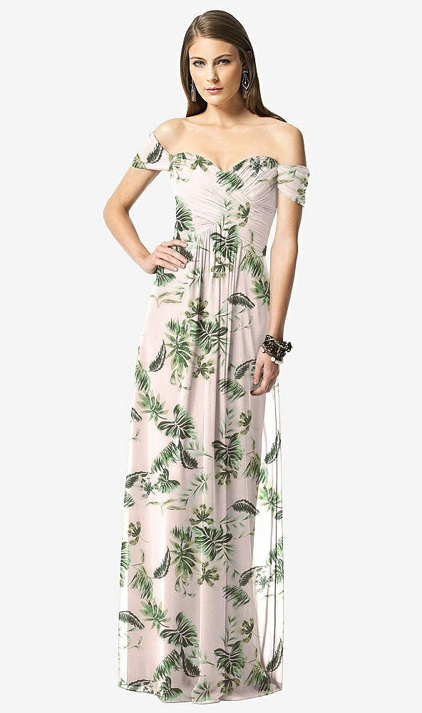 Front View - Palm Beach Print Off-the-Shoulder Ruched Chiffon Maxi Dress - Alessia