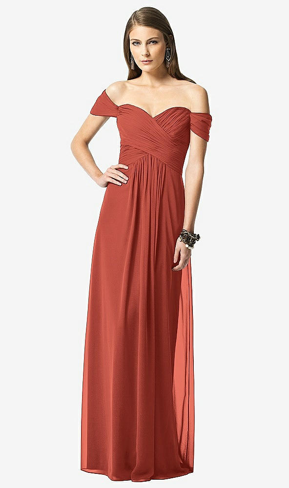 Front View - Amber Sunset Off-the-Shoulder Ruched Chiffon Maxi Dress - Alessia